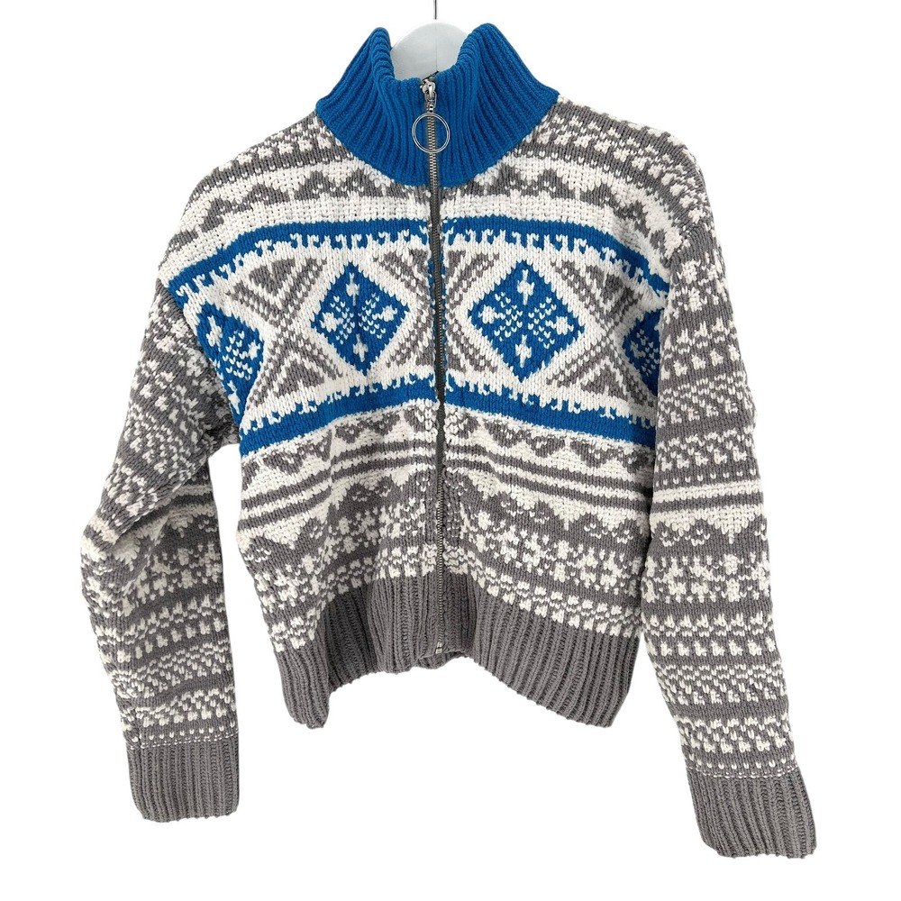 Urban Outfitters Sweater‎ Womens Small Gray Blue White Fair Isle Zip Up Pullover
